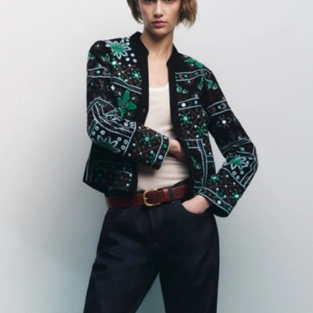 Zara Embroidered Black and Green Floral Boho Jacket w Mirror Accents - SZ L